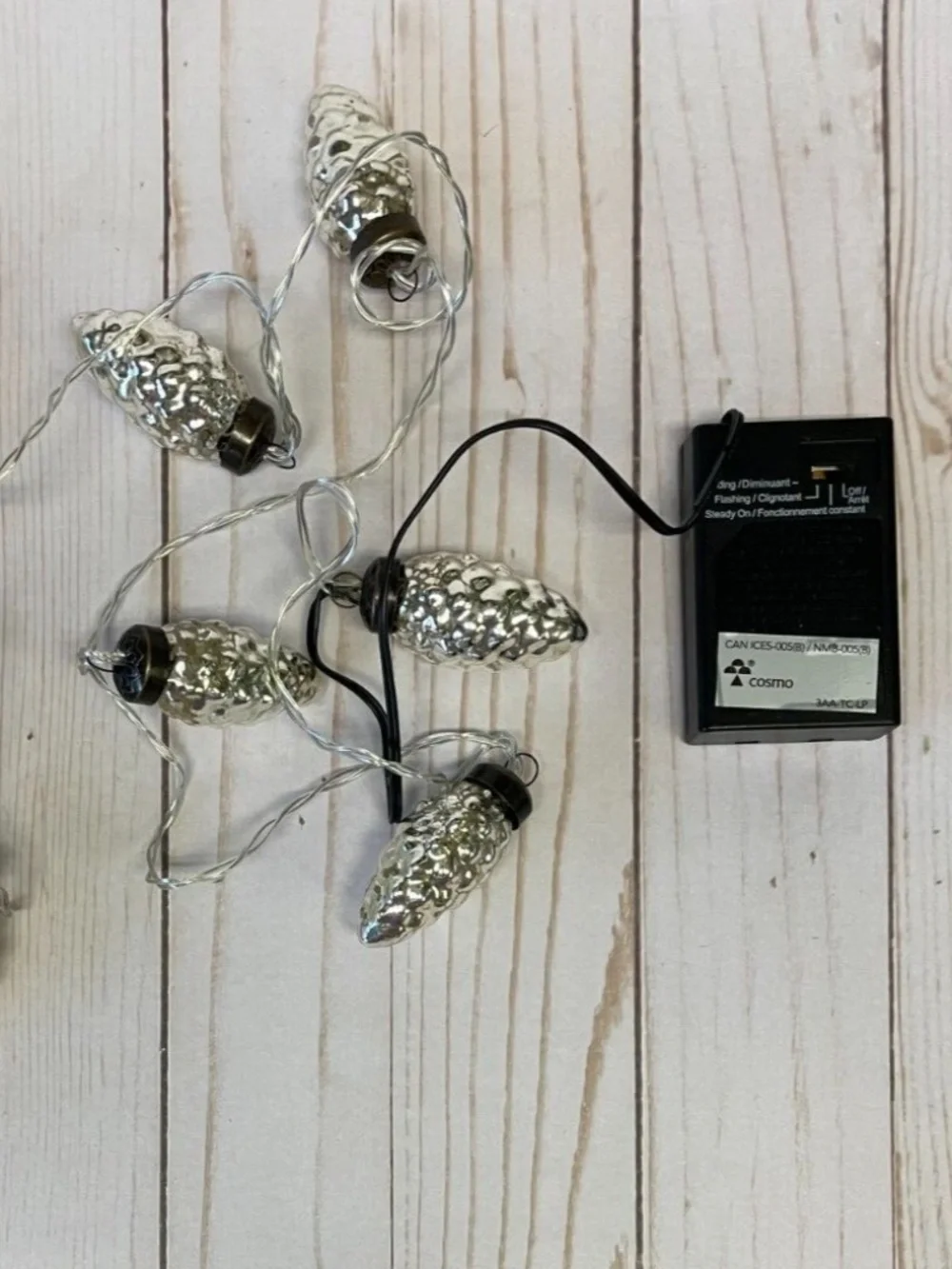 Christmas Lights Iridescent 8 Pinecones Silver Battery Operated Timer 5 ft NEW